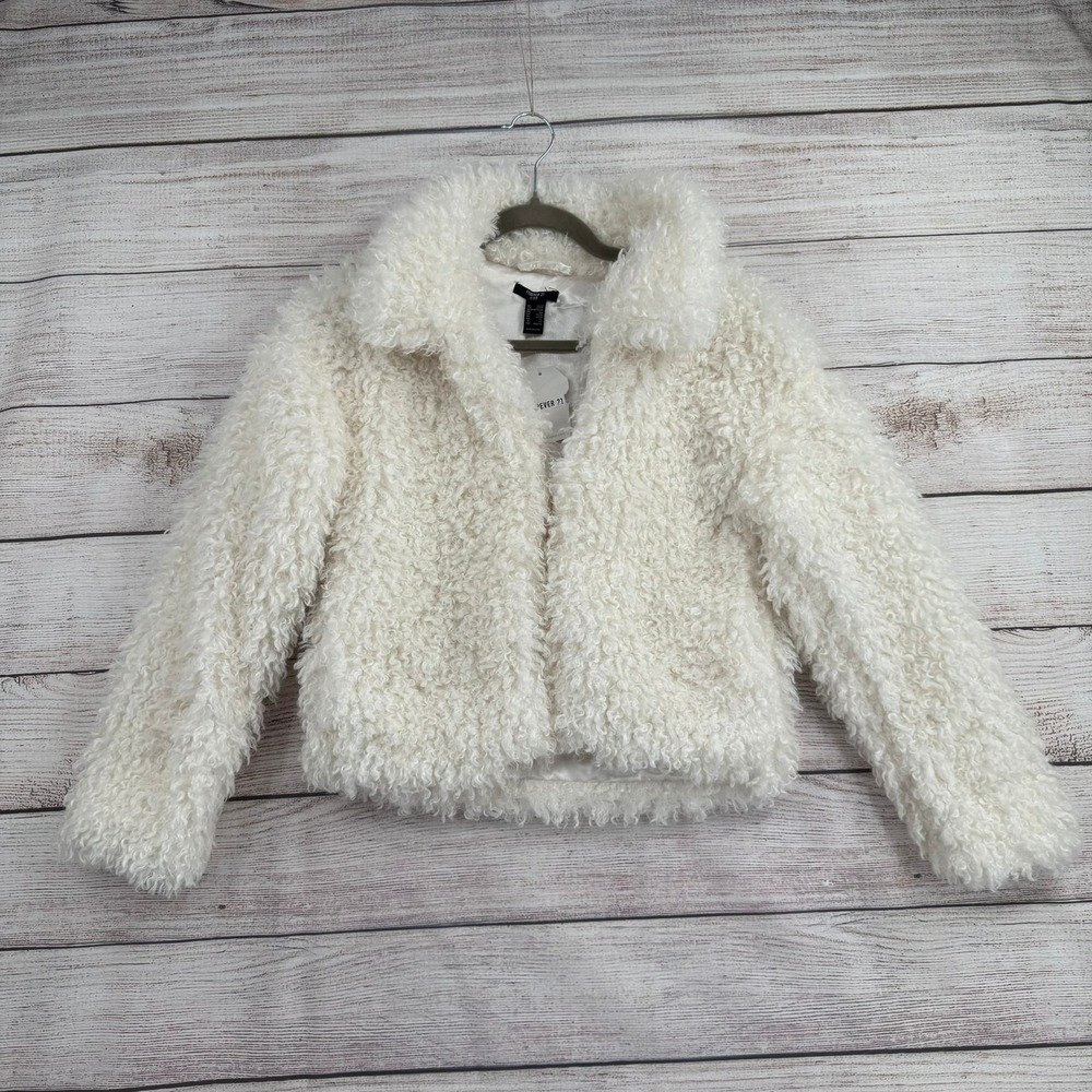 Forever 21 Faux Fur Coat Kids Size 13/14 Cream Curly Texture Open Front NEW